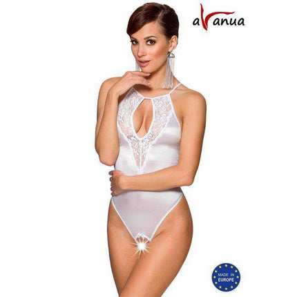 Catalina Body White by Avanua, elegant European-designed body suit featuring lace details, available in various sizes, body-safe material.