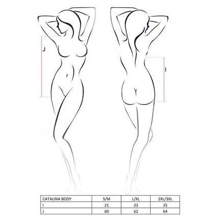 Catalina Body White size chart illustration showing measurements for S/M, L/XL, and XXL/XXXL.