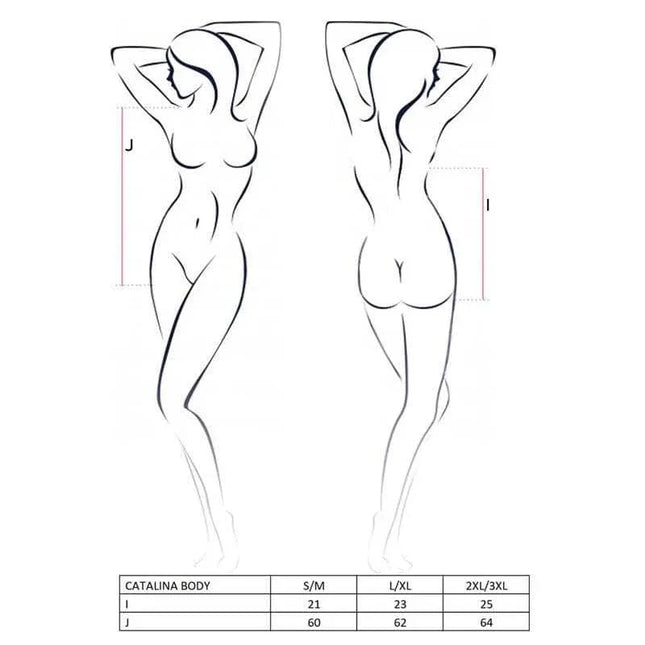 Catalina Body White size chart illustration showing measurements for S/M, L/XL, and XXL/XXXL.