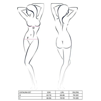 Catalina Set White size chart illustrating measurements for S/M, L/XL, and XXL/XXXL European lingerie.