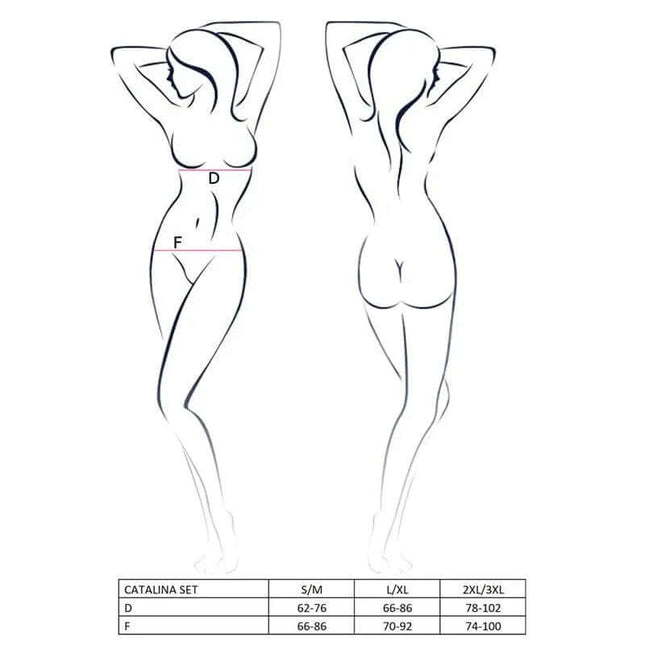 Catalina Set White size chart illustrating measurements for S/M, L/XL, and XXL/XXXL European lingerie.