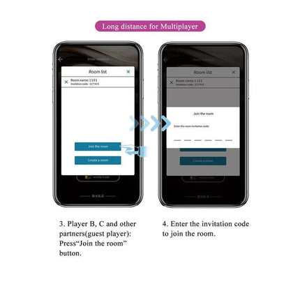 Two mobile screens showing app interface for long-distance multiplayer access with join room feature.