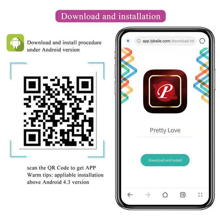 QR code and app installation for Android device with Pretty Love app displayed on smartphone screen.