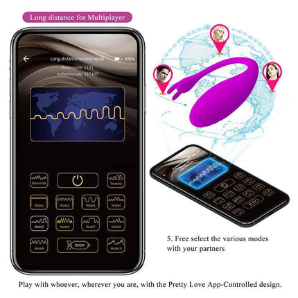 Catalina Vibrating Egg with APP Pink and smartphone app control interface displayed on a screen.
