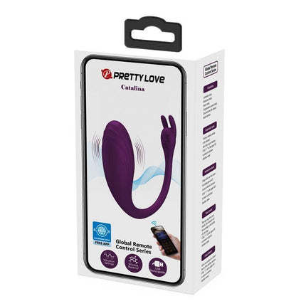 Catalina Vibrating Egg with APP Purple in packaging showcasing wireless control and luxury design.