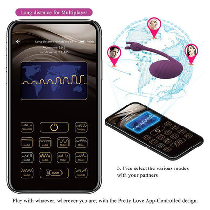 Catalina Vibrating Egg with APP Purple shown with smartphone interface for remote control and multiple user features.