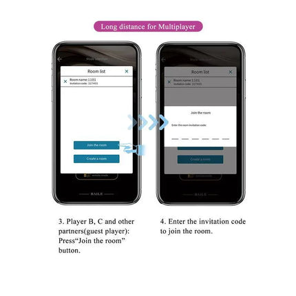Catalina Vibrating Egg with APP Purple showing instructional screen for joining multiplayer rooms via app on smartphones.