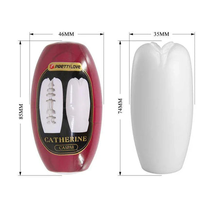 Catherine Egg Discreet Manual Masturbator packaging and device with measurements shown.