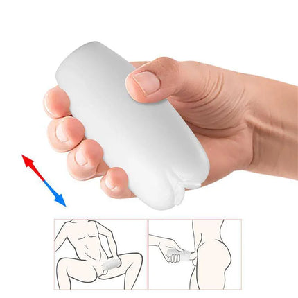 Hand holding Catherine Egg Discreet Manual Masturbator with usage illustrations, showcasing discreet and portable design.