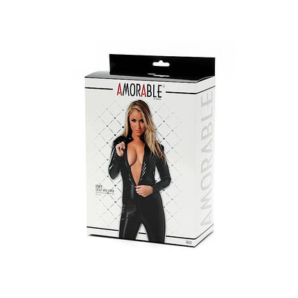 Packaging of Catsuit with Zipper in faux leather with dramatic zipper detail for bold fashion and role-play.
