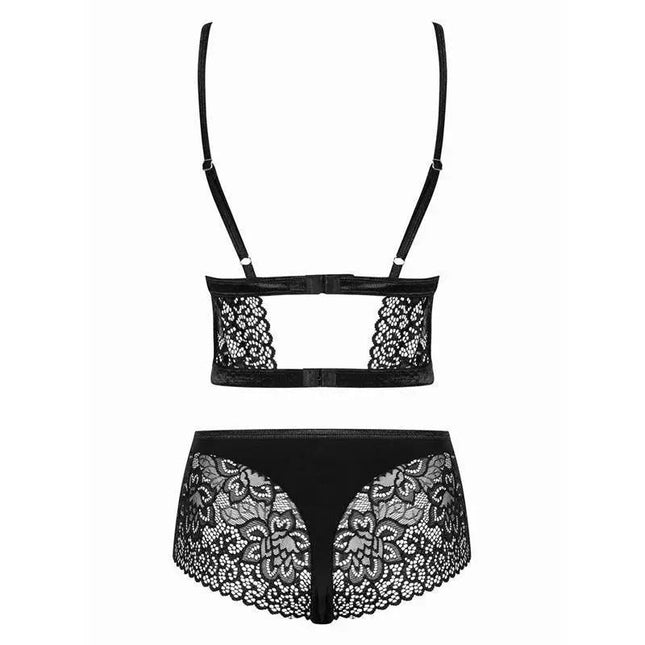 Cecilla 2 Piece Set Bra and Briefs in black lace with adjustable straps and matching briefs, showcasing a striking back design.