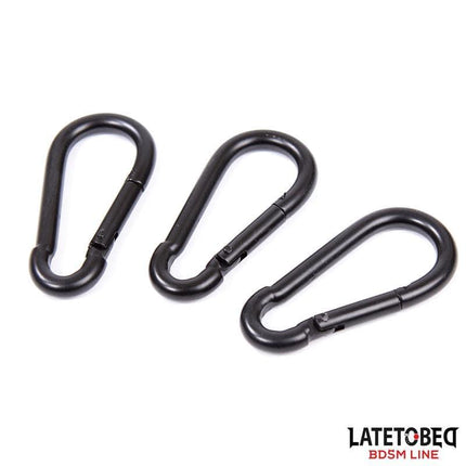 Three black mounting carabiners from the Latetobed BDSM Line for Ceiling Swing, ensuring secure installation and versatile movement
