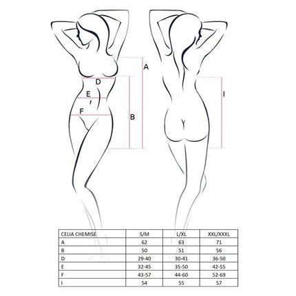 Size guide for CELIA Chemise Red detailing measurements for S/M, L/XL, and XXL/XXXL in chart form with body outline.