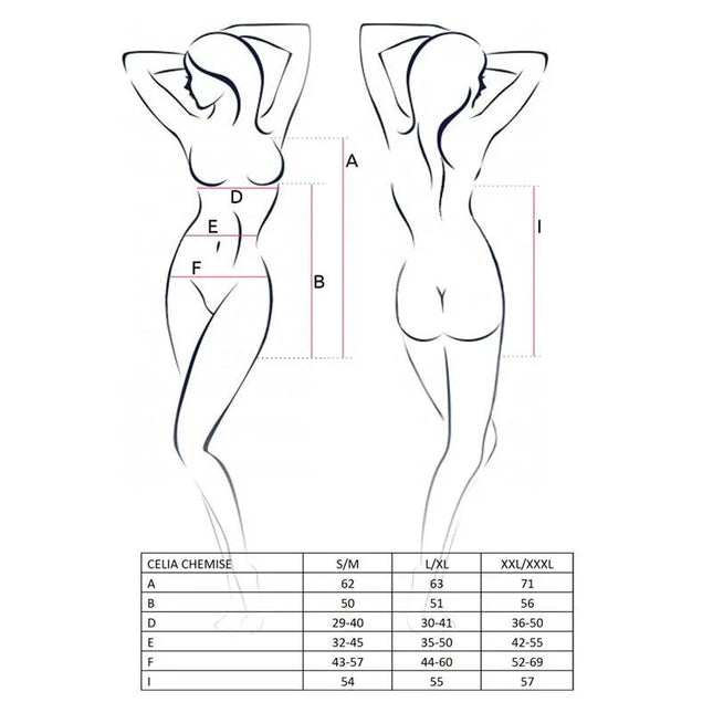 Size guide for CELIA Chemise Red detailing measurements for S/M, L/XL, and XXL/XXXL in chart form with body outline.