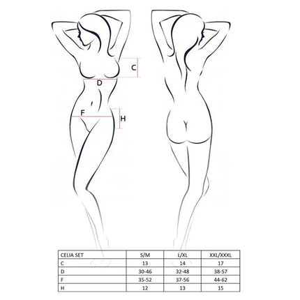 Size chart illustration for Celia Set Red showing measurements for bra, garter belt, thong in S/M to XXL/XXXL.