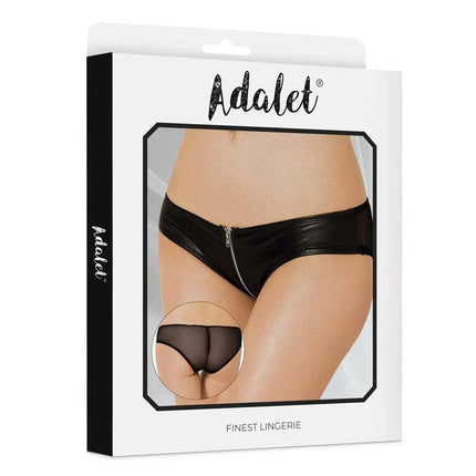 Cellie Panties With zipper by Adalet, featuring bold zipper and semi-transparent back, available in sizes S–M and L–XL.