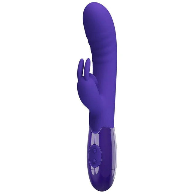 Cerberus Youth Licking Rabbit Vibrator in purple, dual-stimulation silicone toy featuring a curved shaft and rabbit clitoral stimulator.