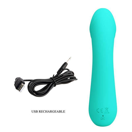 Cetus Vibrator Green with USB charging cable, silicone G-spot vibrator for solo or partner use, features 12 vibration functions.