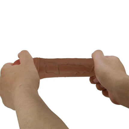 Chane Extended Penis Sleeve being stretched to showcase flexibility and lifelike texture for enhanced pleasure.