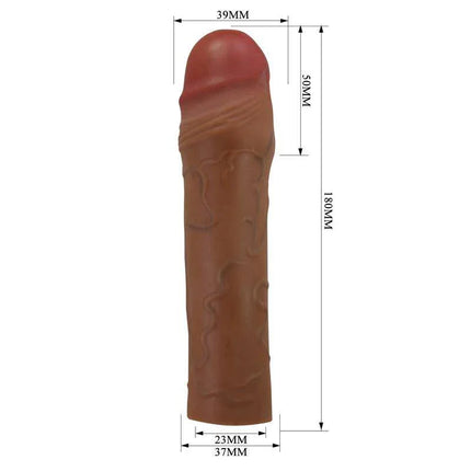 Chane Extended Penis Sleeve with lifelike texture and measurements for added length and girth, enhancing pleasure and performance.