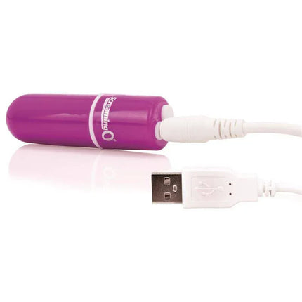 Charged Vooom Bullet Vibe - Purple with USB charging cable, 10 vibration functions, portable and waterproof design for deep pleasure.
