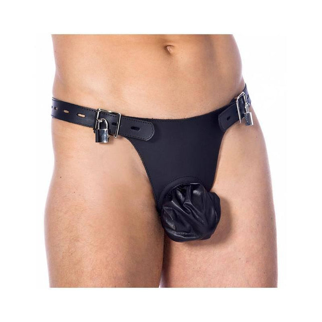 Chastity Belt with Padlocks Adjustable in black leather, featuring two padlocks for secure fit and adjustable sizing from 78 to 115 cm.