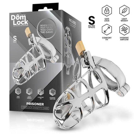 Chastity Cage S by Domlock - Penis Lock for Submission, featuring a metal design and secure lock for ultimate submission experience.
