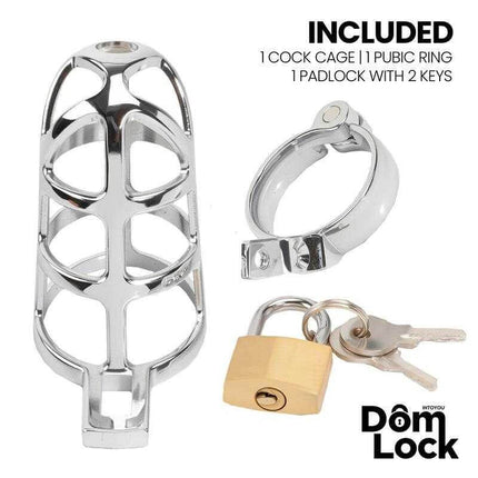 Chastity Cage S by Domlock - Penis Lock for Submission set with cage, ring, padlock, and keys.