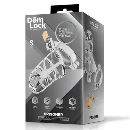 Chastity Cage S by Domlock - Penis Lock for Submission packaging with cage and padlock displayed