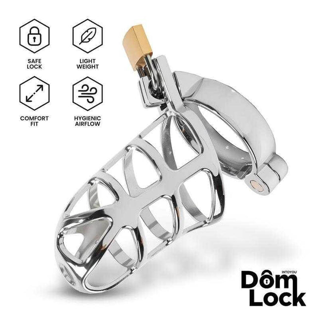 Chastity Cage S by Domlock - Penis Lock for Submission, sleek design with comfort fit, safe lock, lightweight, hygienic airflow features.