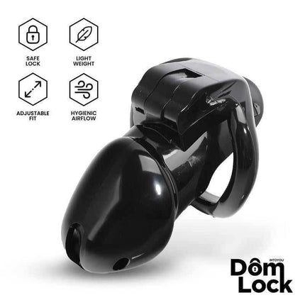 Black Domlock chastity cage with internal lock for domination, featuring safe lock, lightweight design, adjustable fit, hygienic airflow.