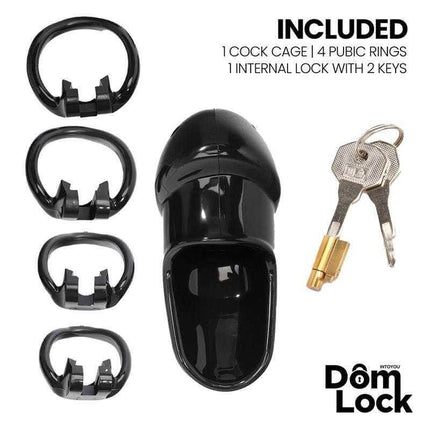 Chastity Cage with Internal Lock for Domination, Domlock penis cage set with rings and keys included.