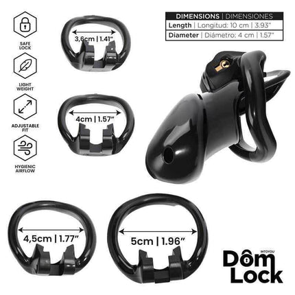 Domlock Chastity Cage with Internal Lock for Domination, showcasing design and dimensions for ultimate control and submission.