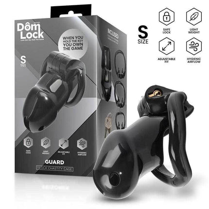 Chastity Cage with Internal Lock - Size S by Domlock displayed with packaging, highlighting secure and adjustable design features.