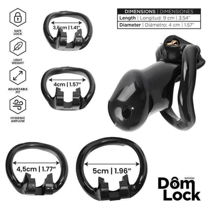 Chastity Cage with Internal Lock - Size S by Domlock, featuring multiple ring sizes and dimensions for customizable fit and control.