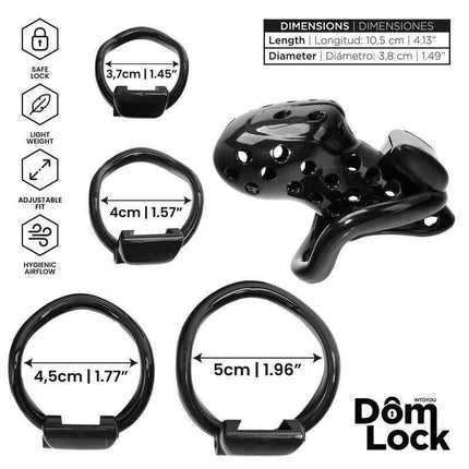 Chastity Cage with Lock - Domlock Convict Cage, black design with adjustable rings and safe lock features.