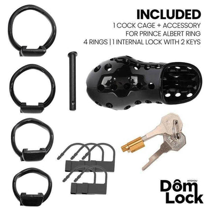 Chastity Cage with Lock - Domlock Convict Cage set, includes penis cage, accessories, rings, and lock with keys for secure use