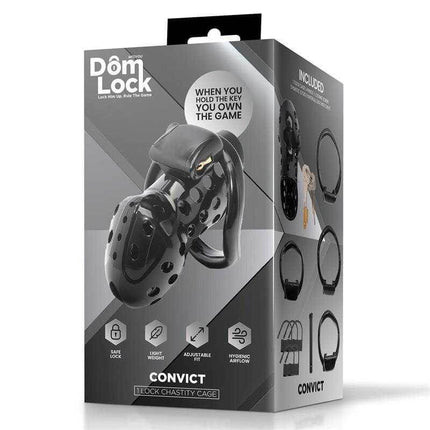 Chastity Cage with Lock - Domlock Convict Cage packaging showing product features