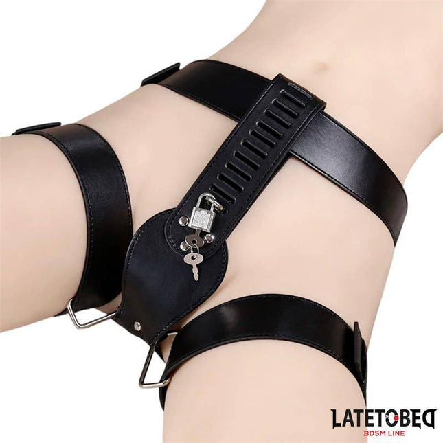 Chastity Pant Adjustable BDSM belt with locking mechanism by Latetobed on a model