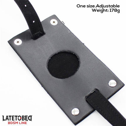 Chastity String Pants Adjustable from Latetobed BDSM Line showcasing a black leather panel with adjustable straps.