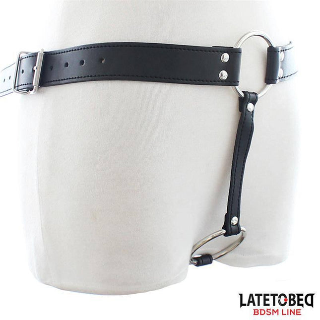 Chastity String Pants Adjustable from Latetobed BDSM Line showing thong-style fit and black leather material.