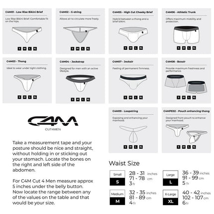 Cheeky Brief Provocative Skai Red underwear sizing guide featuring C4M styles like Bikini Brief, G-string, and Jockstrap.