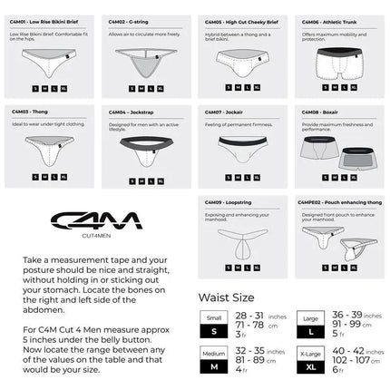 C4M men's underwear size guide and styles, including Cheeky Brief Provocative Snake, thongs, briefs, and trunks for modern comfort.