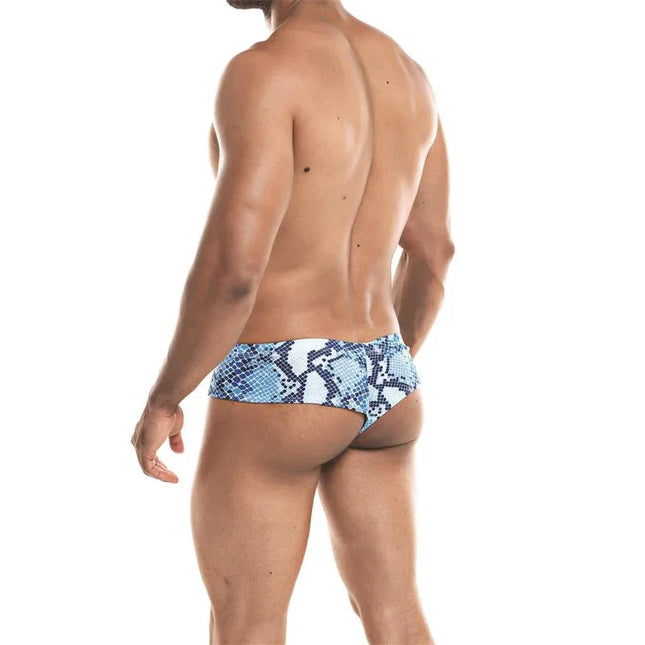 Model wearing Cheeky Brief Provocative Snake lingerie showcasing hybrid thong-slip design, emphasizing modern, provocative style.