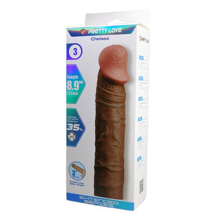 Packaging of Chelsea Penis Extended Sleeve, lifelike TPR sleeve with 3-inch extension, offers enhanced comfort and intimacy for couples.