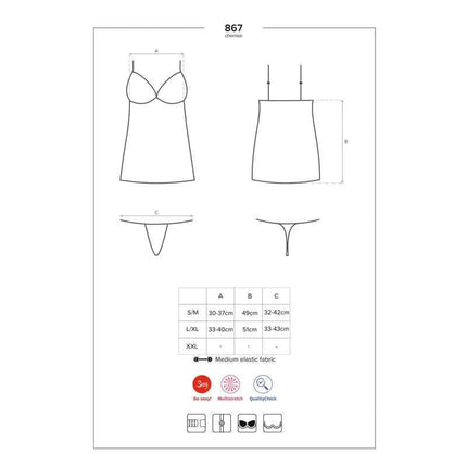 Chemise with Lace Black size chart, showing measurements for S/M, L/XL, and XXL with adjustable straps and underwired cups.