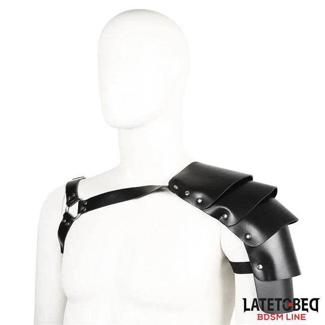 Chest Harness with Shoulder Protector from Latetobed's BDSM Line, black leather with adjustable fit, on white mannequin.