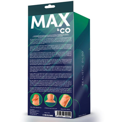 Back of Max & Co packaging for Chet Realistic Dildo Flesh 9 - 23 cm featuring product details.