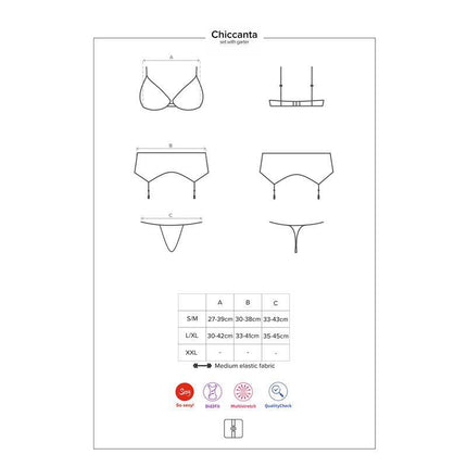 Chiccanta 3 Pieces Set lingerie size chart with brassiere, garter belt, thong illustrations and measurements for S/M, L/XL, XXL sizes.