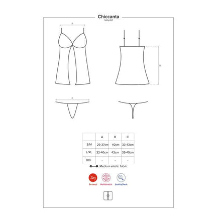 Size chart and design sketch of Chiccanta Babydoll and Thong Black, featuring measurements and medium elastic fabric details.